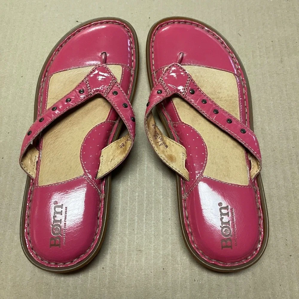 Børn Sz 8/ 38.5 Freesia Pink Leather Flat Thong Stud Comfort Sandal Flip Flops